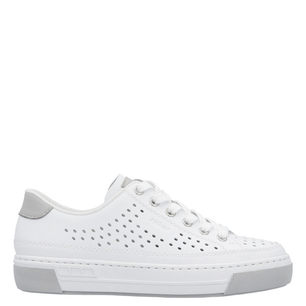 Białe sneakersy damskie Rieker L8849/80 white skórzane ażurowe