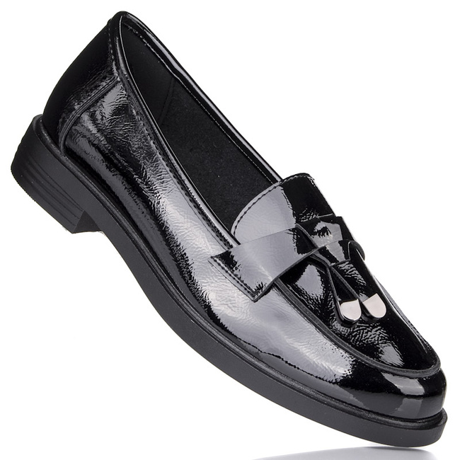 Eleganckie półbuty loafersy damskie Potocki 12369 czarne lakierowane